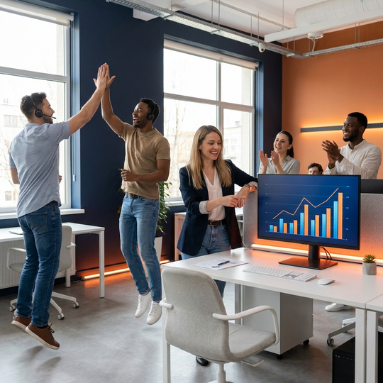 A sales team celebrating a closed deal on the sales floor