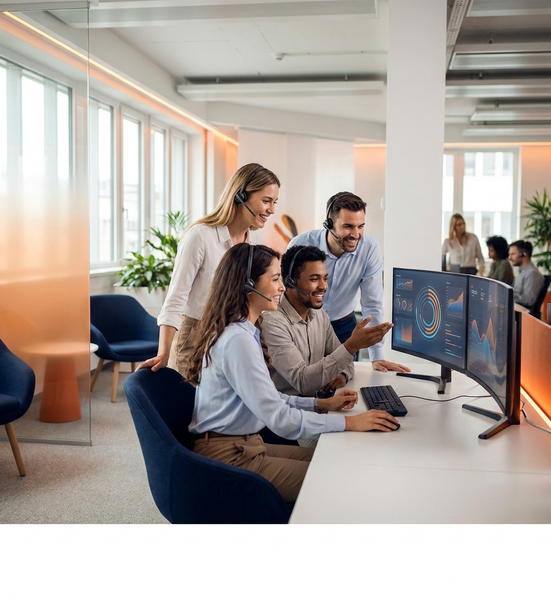 A modern sales team working together at a bank of analytics screens