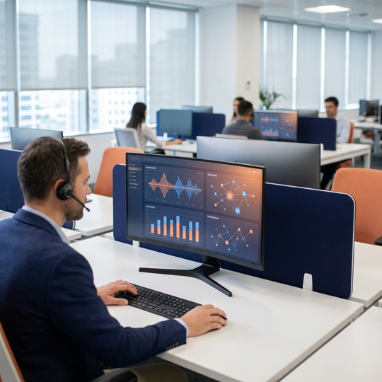 A sales manager reviewing a live call-analytics dashboard