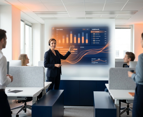 A sales leader presenting the Cadensell performance dashboard